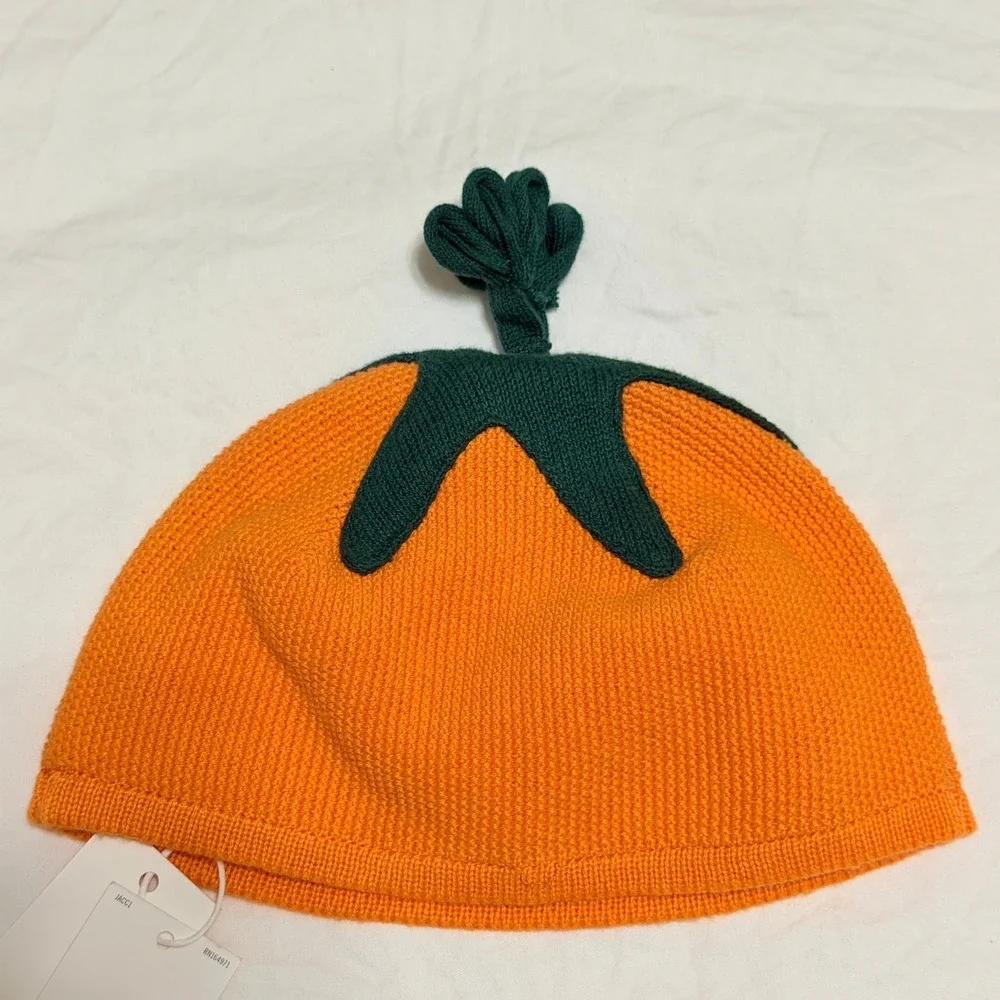 Janie‎ and Jack Baby Pumpkin Knit Hat Orange Green 0-3 Months NWT